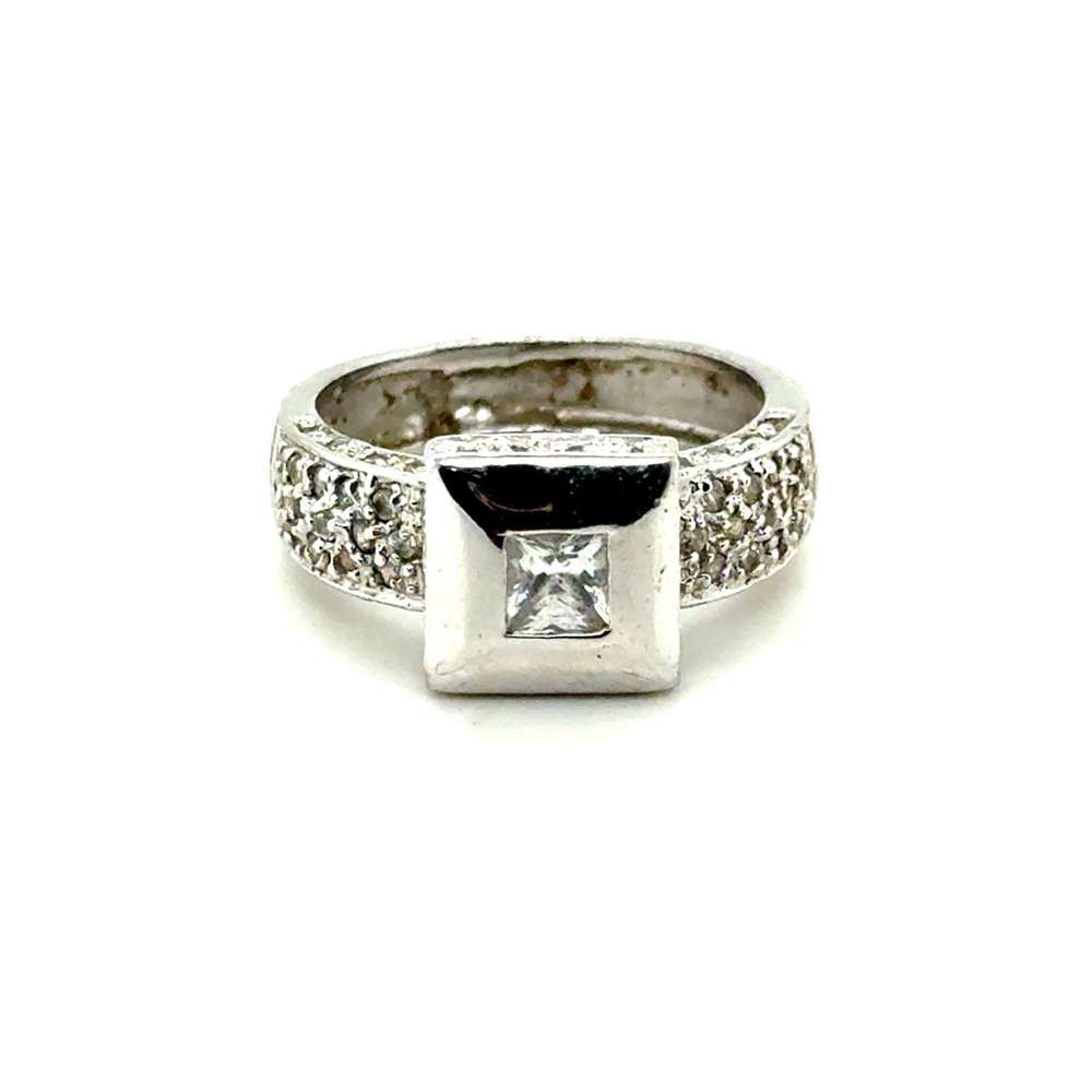 Sterling Silver 925 Princess Cut Square Bezel Pavé Accent Band Ring
